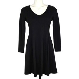 Sears Women's Black Fit & Flare V Neck Long Sleeves Dress Drapey Stretch S